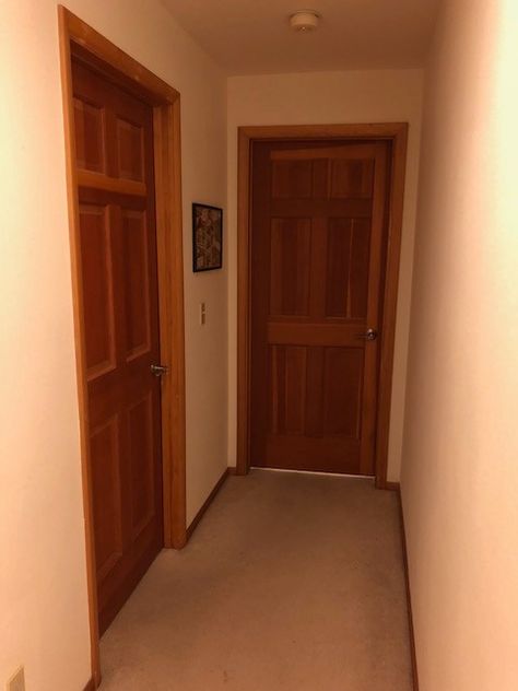 NEED ADVICE on updating 1990s wood trim, floors, doors, etc. What Color To Paint Interior Doors With Wood Trim, Stained Trim Painted Doors, Black Interior Doors With Wood Trim, Wood Trim Interior, Brown Trim Interior, Stained Interior Doors, Update Interior Doors, Wood Window Trim, Brown Interior Doors