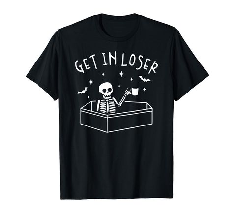 PRICES MAY VARY. For someone who loves skeleton, skull, humor, sarcasm, funny jokes, puns, irony, memes and most of all have a good laugh. A stylish and novelty design for someone with a great sense of humor. For a woke individual who loves dark humor jokes. Get In Loser Skeleton In Coffin Spooky Halloween Classic. Gang, Squads, Squads Goals, Love, Halloween, Pumpkins, Scary, Spooky, Boo, Creepy, Skull, Haunted, those who love witches, bats, ghosts, skeletons or any Halloween tee. Lightweight, C Skeleton In Coffin, Get In Loser, T Shirt Costumes, Funny T Shirt, Casual Elegance, Spooky Halloween, Halloween Funny, Funny T, Shirt Outfit