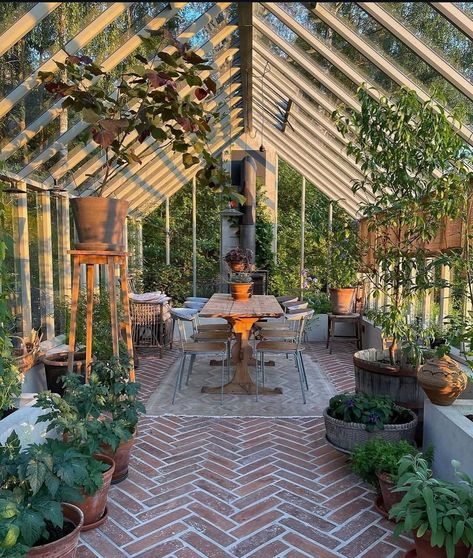 Greenhouse Dining Room, Conservatory Greenhouse, Color Furniture, Outdoor Greenhouse, Living Room Outdoor, Greenhouse Ideas, Home Greenhouse, Backyard Greenhouse, Outdoor Living Rooms