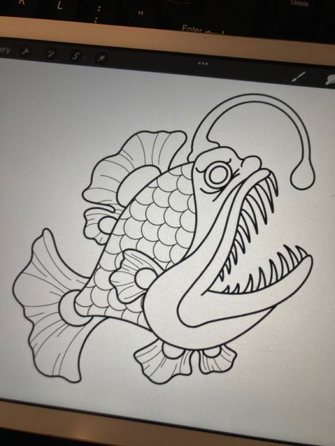 How To Draw An Angler Fish, American Traditional Angler Fish Tattoo, Anglerfish Drawing, Cartoon Fish Drawing, Angler Fish Drawing, Angler Fish Art, Angler Fish Tattoo, Filler Tattoos, Bone Drawing