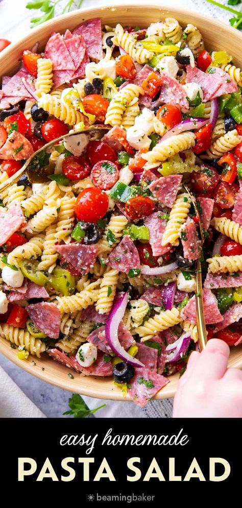 The Italian Pasta Salad is packed with meat, cheese, pasta, and zesty Italian dressing, topped with parmesan. It also includes red onion, pepperoncini, black olives, and fresh vegetables for a flavorful dish. | Recipe at BeamingBaker.com Pasta Salad Olive Garden Dressing, Pasta Salad Recipes With Italian Dressing, Healthy Italian Pasta Salad, Italian Pasta Salad Recipes, Zesty Italian Pasta Salad, Pasta Salad Dressing Recipe, Pasta Salad With Italian Dressing, Favorite Dinner Recipes, Beaming Baker