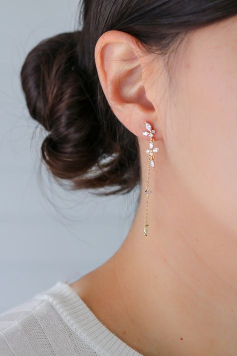 The Sachi Earrings feature a chic array of hanging, marquise and circle crystals. The backings are also finished with a long chain and crystals. Main material:   - 16k Gold/ Rose Gold/ Rhodium Plated, Brass - 92.5 Sterling Silver Post  - Nickel-Free and Lead-Free - Front Length: 25mm  - Back Length: 60mm --------------------------------------------------- Instagram Follow us @statementgrey Bridesmaids Earrings, Wedding Earrings, Pretty Earrings, Bridal Earrings, Bridal Jewelry, Bridesmaids Gifts Earring Jacket, Earring Bridal, Dangle Earrings Wedding, Prom Earrings, Prom Jewelry, Gold Earrings Designs, Trendy Earrings, Hanging Earrings, Earrings Wedding