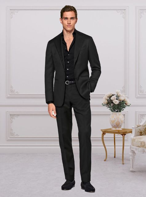 An all-black ensemble with a sharp suit, sleek dress shirt, and luxurious suede loafers. A timeless choice for achieving a sophisticated, monochromatic look. Monochromatic Outfit Men Casual, Black Monochromatic Outfit Men, Black Suit Black Shirt, Monochromatic Outfit Men, Black Monochromatic Outfit, Mens Black Suit, Black Shirt Outfit Men, Black Shirt Outfits, Wedding Space