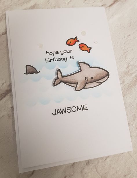 Lawn Fawn Have a Jawsome Birthday card Shark Birthday Cards Handmade, Shark Birthday Card Diy, Shark Birthday Cards, Beachy Birthday Cards, Jawsome Birthday, Shark Birthday Card, Drawing Birthday, Birthday Drawing, Creative Birthday Cards