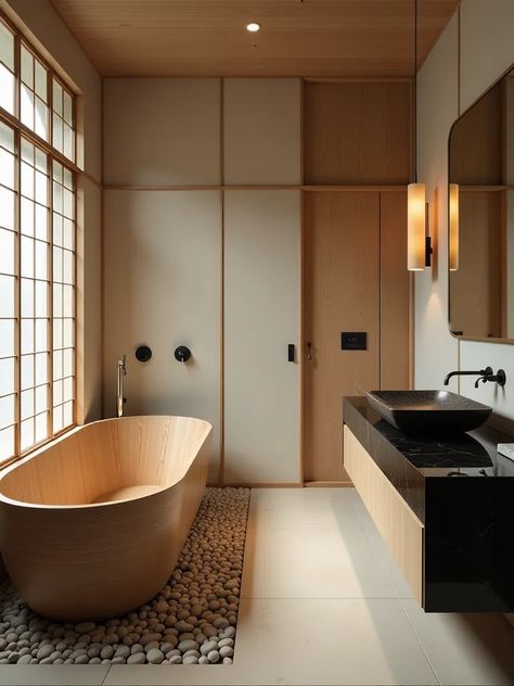 Minimalist Japanese style bathroom with ofuro tub and black granite vanity Japan Bathroom Design, Ofuro Tub, Bathroom Japanese, Japan Bathroom, Japanese Style Bathroom, Granite Vanity, Minimalist Japanese, Style Bathroom, Brass Fixtures