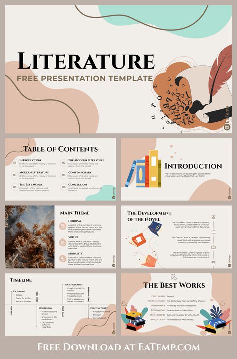 English Literature Presentation Template - Free PowerPoint Templates, Google Slides, Figma Deck And Resume Powerpoint Book Presentation, Presentation Layout Design Templates, Academic Presentation Design, Powerpoint Slide Designs Templates, English Presentation Ideas, Google Presentation Ideas, Free Template Powerpoint Slide Design, Free Slides Templates, Slides For Presentation