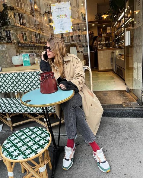 4 Items Stylish French Girls Love to Wear With Sneakers | Who What Wear Socks And Sneakers Street Style, Sneakers With Socks Outfits, Sneakers And Socks Outfit, How To Wear Socks With Sneakers, Socks With Sneakers Outfit, Colorful Sneakers Outfit, Colorful Socks Outfit, Monica Ainley, Colorful Sneakers Women