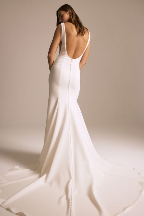 Nada High Neck Backless Wedding Dress, Clean Wedding Dress, Sleek Wedding Dress, Nature Wedding Dress, Simple Elegant Wedding Dress, Off White Wedding Dresses, Wedding Dress Buttons, Satin Mermaid Wedding Dress, Wedding Dress Low Back