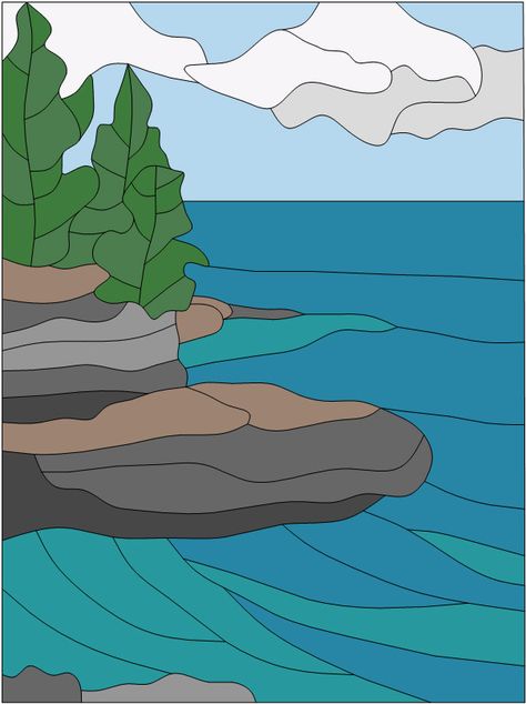 Rocky Point color version of free pattern from Sunnybrook Studio Quilt Scenes, Newfoundland Quilt, Nature Quilt, Landscape Art Quilts, Landscape Quilt, Rocky Point, Intarsia Woodworking, Glass Painting Designs, Stone Art Painting