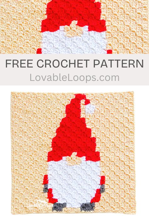 Lovable Loops free Christmas Magic C2C Crochet Gnome Square Pattern Crochet Gnome Potholder, Crocheted Christmas Gnomes, Christmas Gnome Crochet Patterns Free, Free Gnome Crochet Pattern, Crochet Gnomes Free Pattern, Crochet Christmas Gnome Pattern, Gnomes Free Pattern, Crochet Christmas Gnome, Crochet Gnome Pattern