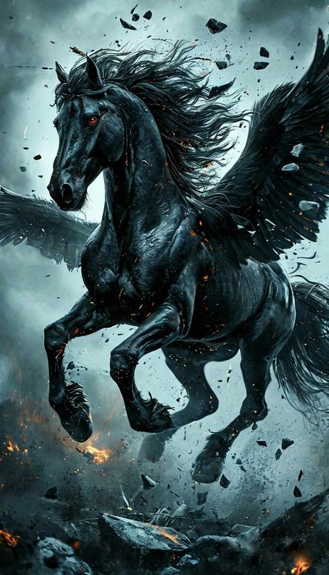 Black Pegasus, Dark Pegasus Tattoo, Black Horse Fantasy Art, Demon Horse Fantasy Art, Mystical Horse Art, Pegasus Tattoo, Amazing Pegasus Pictures Fantasy Colorful, Pegasus Art, Mystical Wolf