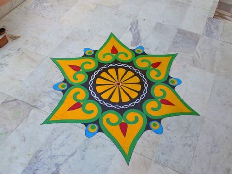 Hand painted with oil colours on marble flooring... Oil Paint Rangoli Designs On Floor Design, Oil Paint Rangoli On Floor, Rangoli With Paints On Floor, Oil Paint Rangoli Designs On Floor, Oil Paint Rangoli, Rangoli Painting On Floor, Paint Rangoli Designs, Paint Rangoli Designs On Floor, Paint Rangoli