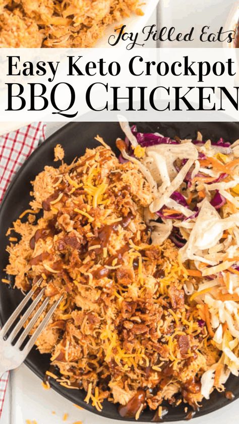 Crockpot BBQ Chicken - Low Carb, Keto, Gluten-Free, Grain-Free, THM S - All it takes is a little bit of planning, a few ingredients, a crockpot, and you are well on your way to an EASY pulled chicken dinner. #lowcarb #lowcarbrecipes #lowcarbdiet #keto #ketorecipes #ketodiet #thm #trimhealthymama #glutenfree #grainfree #glutenfreerecipes #recipes #dairyfree #paleo #whole30 #chicken #chickenrecipes #crockpot #slowcooker #comfortfood #easy #dinner #maincourse Keto Bbq Chicken Crockpot, Keto Pulled Chicken Recipes, Low Carb Gluten Free Crock Pot Recipes, Healthy Crockpot Pulled Chicken, Chicken Crockpot Recipes Gluten And Dairy Free, Thm Crockpot Recipes, Low Carb Pulled Chicken, Low Carb Recipes For Dinner Crockpot, Thm Crockpot Chicken