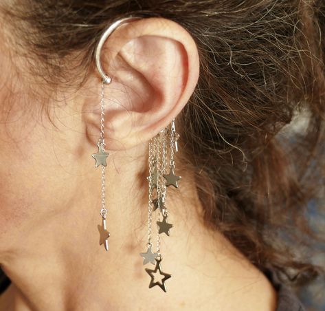 All Stars Ear Cuff Earrings, No Piercing Stainless Steel Chain Tassel Silver Tone Dangle Earrings F360 Cuff Earrings No Piercing, Cuffs Earrings, Pinup Jewelry, Rockabilly Earrings, Earrings No Piercing, Silver Ear Cuffs, Silver Ear Cuff Earrings, Ear Cuff Silver, Piercing Fake