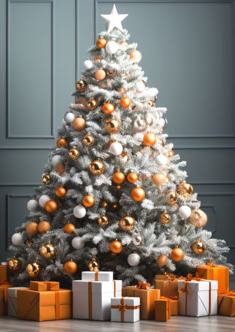 Christmas Tree Decor. #christmas #tree #orange #white Christmas Tree Ideas Orange, Orange And Gold Christmas Tree, Orange Christmas Tree Decorations, Yellow Christmas, Orange Christmas Tree, Christmas Tree Yellow, White Xmas Tree, New Years Tree, Orange Christmas