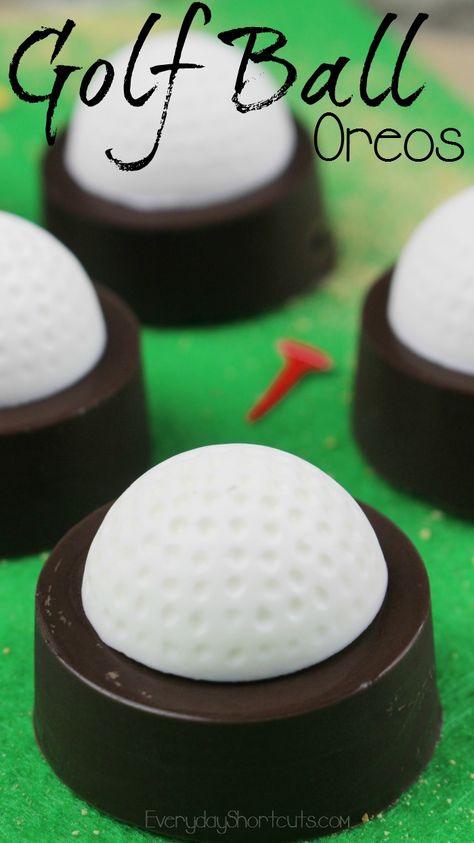 Golf Theme Party Desserts, Golf Food Party, Golf Themed Party Snacks, Oreo Cookie Pucks, Golf Dessert Ideas, Golf Themed Desserts, Dipped Oreos How To Make, Golf Desserts, Golf Ball Cookies