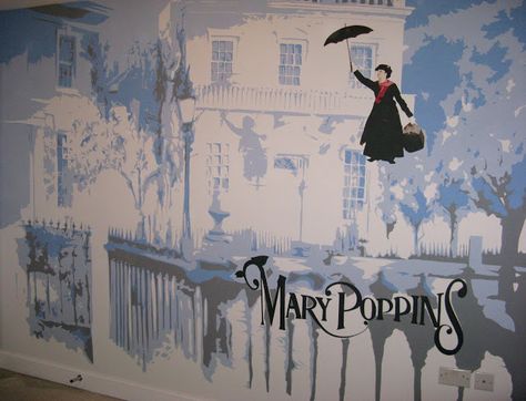 ARTISTIC TOUCH: Mary Poppins Mural Mary Poppins Nursery, Mural Hand Painted, Disney Bedrooms, Painting Walls, Disney Rooms, Nursery Theme, Kids Bedrooms, Old Disney, House Things