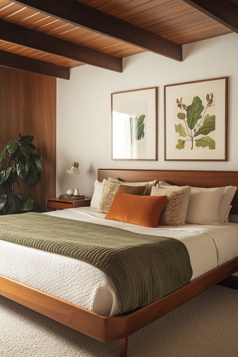 ♥ Seeking bedroom inspiration? Dive into the cozy and inviting world of this Mid Century Modern Bedroom with its warm colors and boho decor. Get ideas for your own bedroom refresh with minimalist furniture and a touch of 70s interior design. Perfect for creating a relaxing and stylish space! 🛏️✨ #MidCenturyModern #BedroomDesign #HomeDecor #BohoStyle #CozyBedroom #InteriorDesignIdeas Midcentury Bed Frame, Mid Century Guest Room, Mid Century Modern Primary Bedroom, Mid Century Modern Apartment Bedroom, Midcentury Bedding, Square Room Ideas Bedrooms, Cozy Mid Century Modern Bedroom, Small Bedroom Ideas Cozy, Bedroom 60s