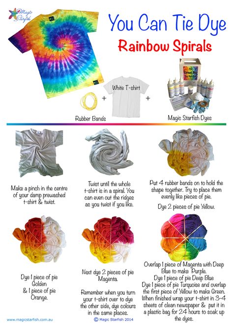 Learn how to Tie Dye a Rainbow Spiral swirl pattern. How to fold your t-shirt + where to put the dye. Tie Dye Folding Techniques, Tie Dye Shirts Patterns, Tye Dye Patterns, Tie Dye Birthday, Diy Tie Dye Techniques, Diy Tie Dye Designs, Tie Dye Patterns Diy, Diy Tie Dye Shirts, Tie Dye Party