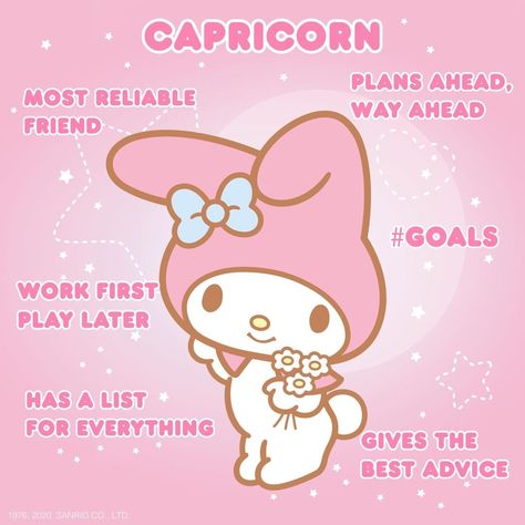 Sanrio on Instagram: “Did you know #MyMelody is a #Capricorn? ♑ Drop a 💗if you relate to these traits. P.S. Find and fill out your very own Sanrio Zodiac Bingo…” Sanrio Zodiac, Sanrio Drawings, Kitty Tips, Zodiac Bingo, Sea Goat, Capricorn Season, Insta Account, Capricorn Traits, My Melody Wallpaper