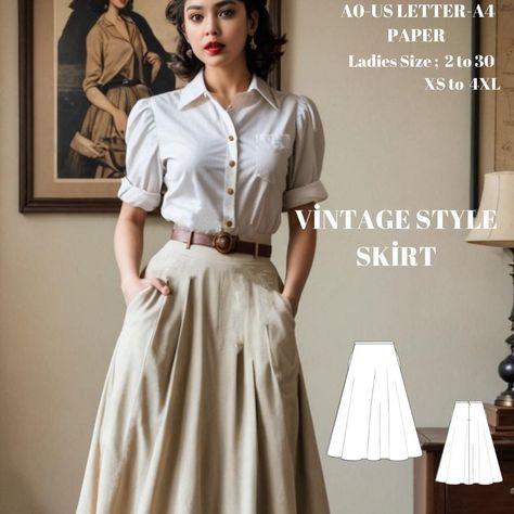 Cottagecore style  midi skirt available as an instant download (pdf) sewing pattern bundle with a range of size options, including plus sizes ; The belt image on the waist is an accessory. 💚US Sizes: 2, 4, 6, 8, 10, 12, 14, 16, 18, 20, 22, 24, 26, 28, 30 💚Standard Sizes: XS, S, M, L, XL, 2XL, 3XL, 4XL 💚These patterns are suitable for A4 and US Letter size papers. 💚Once your payment is processed, you will automatically receive download links for the pattern files. Please note that you can onl Sew Skirt With Pockets, Boho Skirt Pattern Free, Diy Vintage Clothes, Sewing Vintage Clothes, Adjustable Skirt Pattern, Clothing Patterns Sewing, Midi Skirt Sewing Pattern, Vintage Skirt Pattern, A Line Skirt Pattern