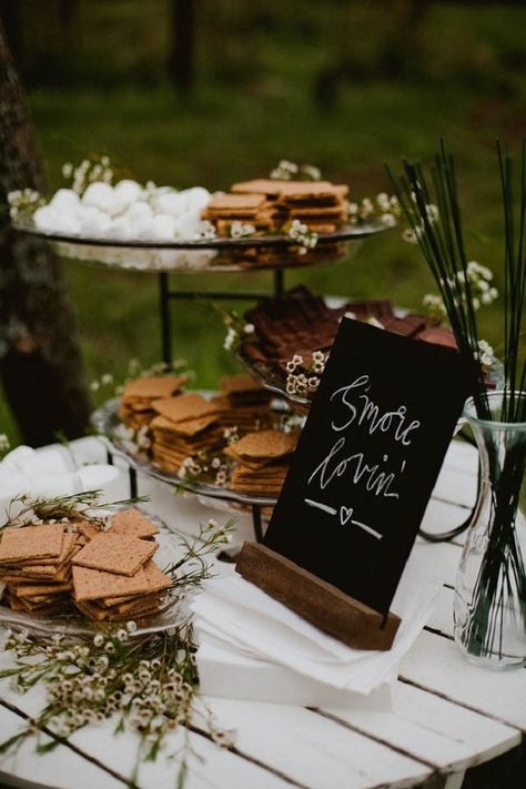 Smores Bar Wedding, Smores Bar, Wedding Food Stations, Cozy Wedding, Bar A Bonbon, S'mores Bar, November Wedding, Wedding Dessert Table, Camp Wedding