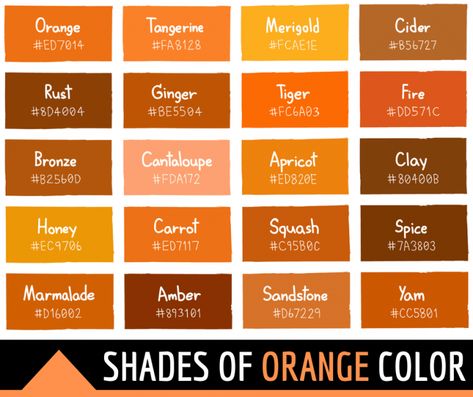 45 Shades of Orange Color with Names and HTML, Hex, RGB Codes Hair Color Hex Codes, Orange Hex Code Palette, Autumn Hex Codes, Halloween Hex Codes, Halloween Color Palette Hex Code, Shades Of Orange Wedding, Orange Color Names, Shades Of Orange Color, Different Shades Of Orange