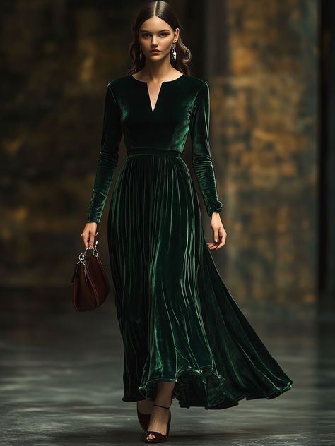 Velvet Green Dress Long Sleeve, Velvet Green Dress Long, Formal Winter Dress, Velvet Dress Outfit, Velvet Dress Winter, Velvet Green Dress, Velvet Dresses Outfit, Stretch Velvet Dress, Velvet Dress Long