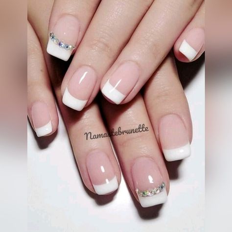 Shop namastebrunette's closet or find the perfect look from millions of stylists. Fast shipping and buyer protection. READY TO SHIP Style - Rhinestone French Manicure Pattern Nails Shape - Square Natural Quantity - Set of 24 nails in sizes tiny to large! This means no need to size your nails before purchase! Adhesive strips and nails included. 💕Buy more of any 24-pc nail set and save! Buy two or more 24-pc nail sets (2/$16) for $8 each. Please look at all my press on nails. Create a bund Pattern Nails, Nail Shapes Square, Mint Green Nails, Bee Nails, Nails Shape, Mint Nails, Gold Nail Polish, Short Gel Nails, Green Nail Designs