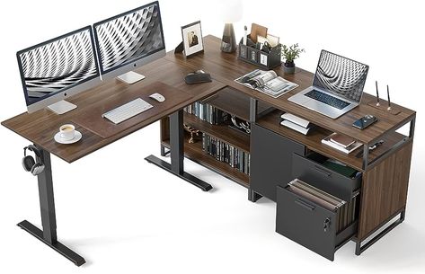 Stand Up Desk Home Office, L Shaped Standing Desk, Corner Standing Desk, L Shaped Office Desk, Desk With Shelves, Home Office Modern, Computer Desk With Shelves, 2 Drawer File Cabinet, Under Desk Storage