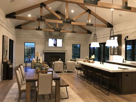 Vaulted Ceiling Living Room Open Concept, Hacienda Kitchen Decor, Kitchen Dining Living Room Combo, Open Concept Kitchen Dining Living Room, Vaulted Ceiling Ideas, Home Addition Plans, Vaulted Ceiling Kitchen, Open Concept Kitchen Living Room, Barn House Interior