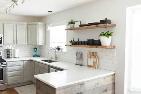 DIY Kitchen Open Shelving | Sammy On State American Kitchen Design, Shelf With Brackets, Kitchen With Open Shelving, Kitchen Open Shelves, Cast Iron Brackets, Storage Entryway, Floating Corner Shelves, Tudor Revival, American Kitchen