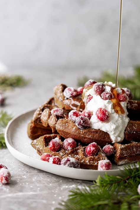 Gingerbread Waffles with Sugared Cranberries - Cooking with Cocktail Rings Orange Waffles, Gingerbread Waffles, Sugared Cranberries, Holiday Breakfast, Cranberry Recipes, Christmas Brunch, Christmas Breakfast, Cranberry Orange, Breakfast At Tiffanys