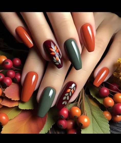 October Inspo Nails, Short Nails Burnt Orange, Nail Designs That Match Everything, Red Pumpkin Nails, Fabric Nail Art, Simple Fall Nails Green, Green And Yellow Fall Nails, November Nails Fall Matte, Fall Nails Bright