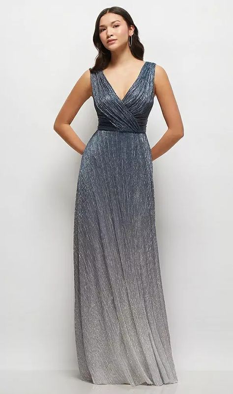 Draped V-neck Ombre Pleated Metallic Maxi Bridesmaid Dress With Deep V-back In Cosmic Blue | The Dessy Group Winter Bridesmaid, Men's Formal Wear, Winter Bridesmaids, Winter Bridesmaid Dresses, Maxi Bridesmaid Dress, Junior Bridesmaids, Dessy Collection, Shimmery Dress, Elegant Bridesmaid Dresses