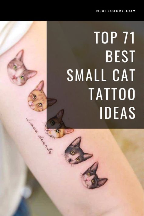 Small cat tattoos have fast become a body art staple. Tattoo artists need to be able to work across a range of design styles as people look to get ink to symbolize their prized pet. 5 Cats Tattoo, Cat Tattoo Placement Ideas, Meaningful Cat Tattoos, Multiple Pet Tattoo Ideas, Delicate Cat Tattoo, Cat Memorial Tattoo Small, Cat Tattoo Designs Unique, Small Cat Tattoo Simple, Pet Cat Tattoo