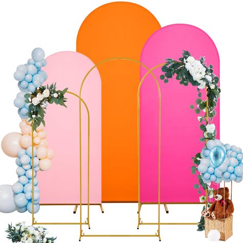 PRICES MAY VARY. Wedding Arch Stands and Covers Set: there are 3 different sizes of wedding backdrop arch stands and 3 different sizes of Chiara backdrop stand covers; The sizes of arch backdrop stand and cover sets are: 6 x 2.6ft, 5 x 2.1ft, 4 x 1.6ft; The combination of wedding arch and matching arch covers set in various sizes can well meet your decoration needs Quality Material: the gold backdrop arch is made of rust proof and anti corrosion metal material; The surface is smooth and not easy Baby Shower Floral Backdrop, Pink And Orange Backdrop, Wedding Decor Orange, Metal Arch Backdrop, Wedding Decor Pink, Orange Wedding Decorations, Photo Backdrop Stand, Arch Backdrop Stand, Bridal Backdrop