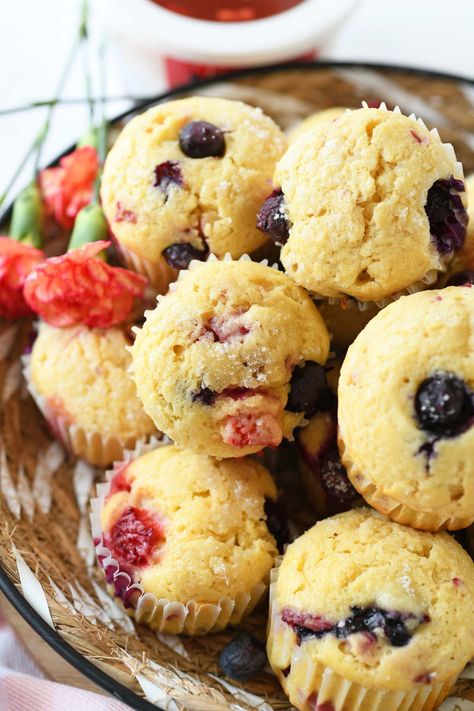 Triple Berry Cottage Cheese Muffins - These tried and true cottage cheese muffins are a taste of summer. Each bite is loaded with fresh strawberries, blueberries, and raspberries. #cottagecheese #muffins #berries #blueberry #strawberry #raspberry  via @sizzlingeats Cottage Cheese Mini Muffins, Cottage Cheese Muffins, Blueberries And Raspberries, Fruit Muffins, Dip Recipes Appetizers, Dinner Casserole Recipes, Raspberry Muffins, Berry Muffins, Filled Muffins