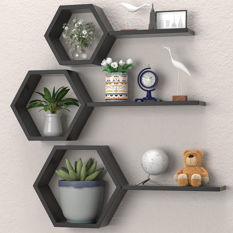 Honeycomb Shelves, Shelf Decor Living Room, Hexagon Shelves, Collage Style, Wall Shelf Decor, Wall Shelves Design, Tv Wall Design, Inspire Me Home Decor, Room Decorations