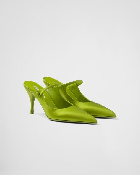 Fern Green Satin high-heeled mules | PRADA Mules Women, Prada Collection, High Heel Mules, Versace Outfit, Fern Green, Satin Heels, Chanel 2, Demi Fine Jewelry, Summer Beach Wear