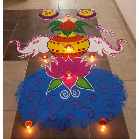 My creative Diwali special rangoli ...water, lotus, kalash, elephants Elephant Rangoli Designs Diwali, Elephant Rangoli Design, Lotus Rangoli For Diwali, Kalash Rangoli Designs, Elephant Rangoli, Entrance Rangoli, Lotus Rangoli Designs, Christmas Board Decoration, Diwali Special Rangoli Design