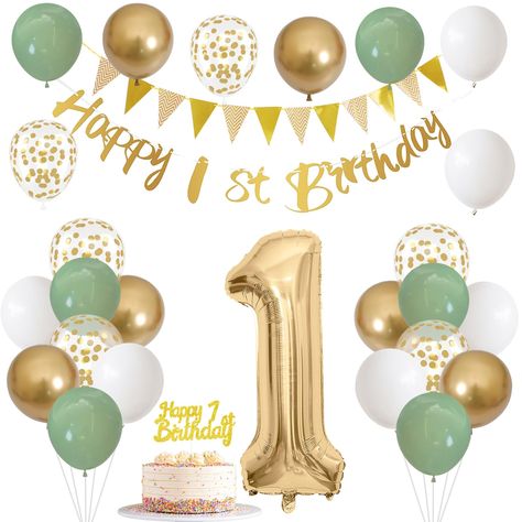 PRICES MAY VARY. 🎈 Sage Green 1st Birthday Decorations - You will get 1pc gold 1st birthday banners, 1pc gold triangle flag bunting banner, 1pc first birthday cake decorations, 1pc 32inch number 1 foil balloon, 6pcs 10inch sage green birthday balloons, 6pcs 10inch white party balloons, 6pcs 10inch metallic gold latex balloons, 6pcs 12inch gold confetti helium balloons, 1pc white ribbon. 🎁 Premium Material - Our happy 1st birthday bunting banner is made of high-quality thick cardboard, durable. Lucky One Birthday Theme, First Birthday Cake Decoration, 1 Year Birthday Cake, Gold Birthday Balloons, Number 1 Balloon, Gold Birthday Party Decorations, Triangle Flag, 1st Birthday Banner, Boy Birthday Decorations