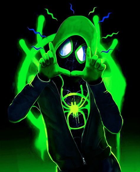 Miles Morales - Ultimate Spider-Man, Into the Spider-Verse Green Spider, Avengers Poster, Marvel Wallpapers, Marvel Background, Miles Spiderman, Suit Green, Image Spiderman, Spiderman Drawing, Spiderman Art Sketch