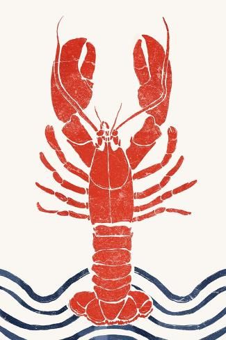 size: 18x12in Art Print: Lobster by Yuyu Pont : Lobster Artwork, East Coast Aesthetic, Lobster Art, Nautical Art, Illustration Character Design, Cute Crafts, Rug Hooking, Handmade Pottery, Linocut