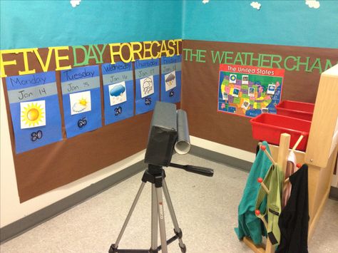 Ms. Johnson's weather station. I love the way she made the camera! Dramatic Play Themes, Airport Jobs, Preschool Weather, Role Play Areas, Weather Chart, Weather Theme, Weather Unit, Dramatic Play Preschool, Dramatic Play Area