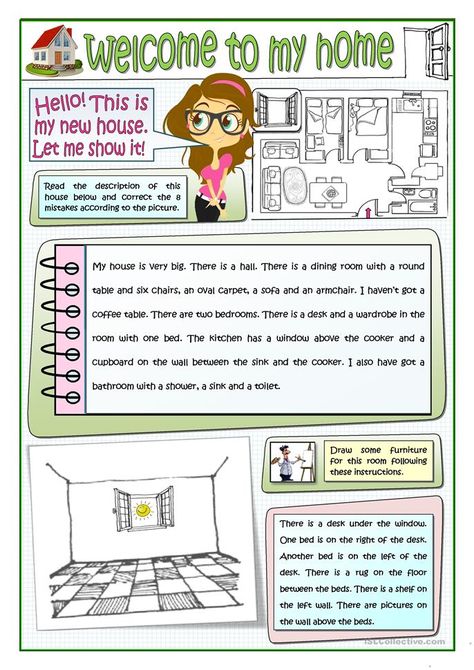 WELCOME TO MY HOME - English ESL Worksheets for distance learning and physical classrooms My Home Worksheet, House Vocabulary, Welcome To My Home, English Teaching Materials, Welcome To My House, English Lessons For Kids, English Activities, English Reading, Education Motivation