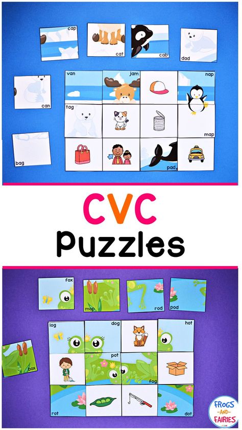 These CVC puzzles are an engaging way for your students to practice reading and spelling CVC words! Your beginning readers will have fun putting together these colorful puzzles! This printable set includes 5 colorful puzzles. Each one focuses on a different vowel. Education Printables, Spelling Cvc Words, Map Bag, Playful Learning, Pattern Activities, Beginning Readers, Practice Reading, Kindergarten Learning Activities, Kindergarten Learning