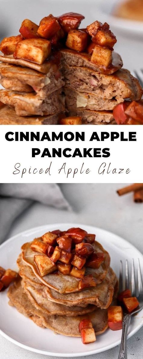 These Cinnamon Apple Pancakes are topped with a homemade Spiced Apple Glaze and so delicious! Made easily with pantry staples! #applepancakes #fallpancakes #pancakes #fallpancakes Cinnamon Apple Pancakes, Glazed Apples, Spice Pancakes, Apple Cinnamon Pancakes, Pumpkin Pancake Recipe, Apple Glaze, Healthy Brunch Recipes, Easy To Make Breakfast, Cinnamon Pancakes