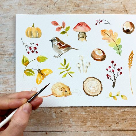 Cosy up with thie fall favourite. Easy autumn woodland watercolour illustrations tutorial. Click the link to paint with me! #watercolor #autumn #woodland Fall Watercolour Tutorials, Autumn Watercolor Tutorial, Fall Watercolor Paintings Easy, Watercolor Illustration Tutorial, Fill A Journal, Autumn Painting Ideas, Fall Watercolor Paintings, Fall Watercolor Art, Autumn Watercolour