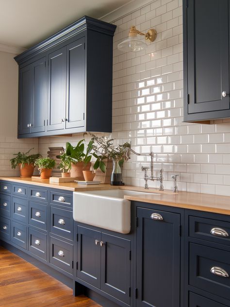 27 Navy Blue Kitchen Cabinets – Your Motor Geek Blue Cabinets Kitchen Butcher Blocks, Navy White Wood Kitchen, Kitchen Ideas Blue Backsplash, Navy Cabinets With Backsplash, Kitchen Ideas Navy Cabinets, Blue Country Kitchen Rustic, Blue Cabinet Wood Countertop, Small Kitchen Cabinets To Ceiling, Blue Kitchen Cabinets With Wood Counter